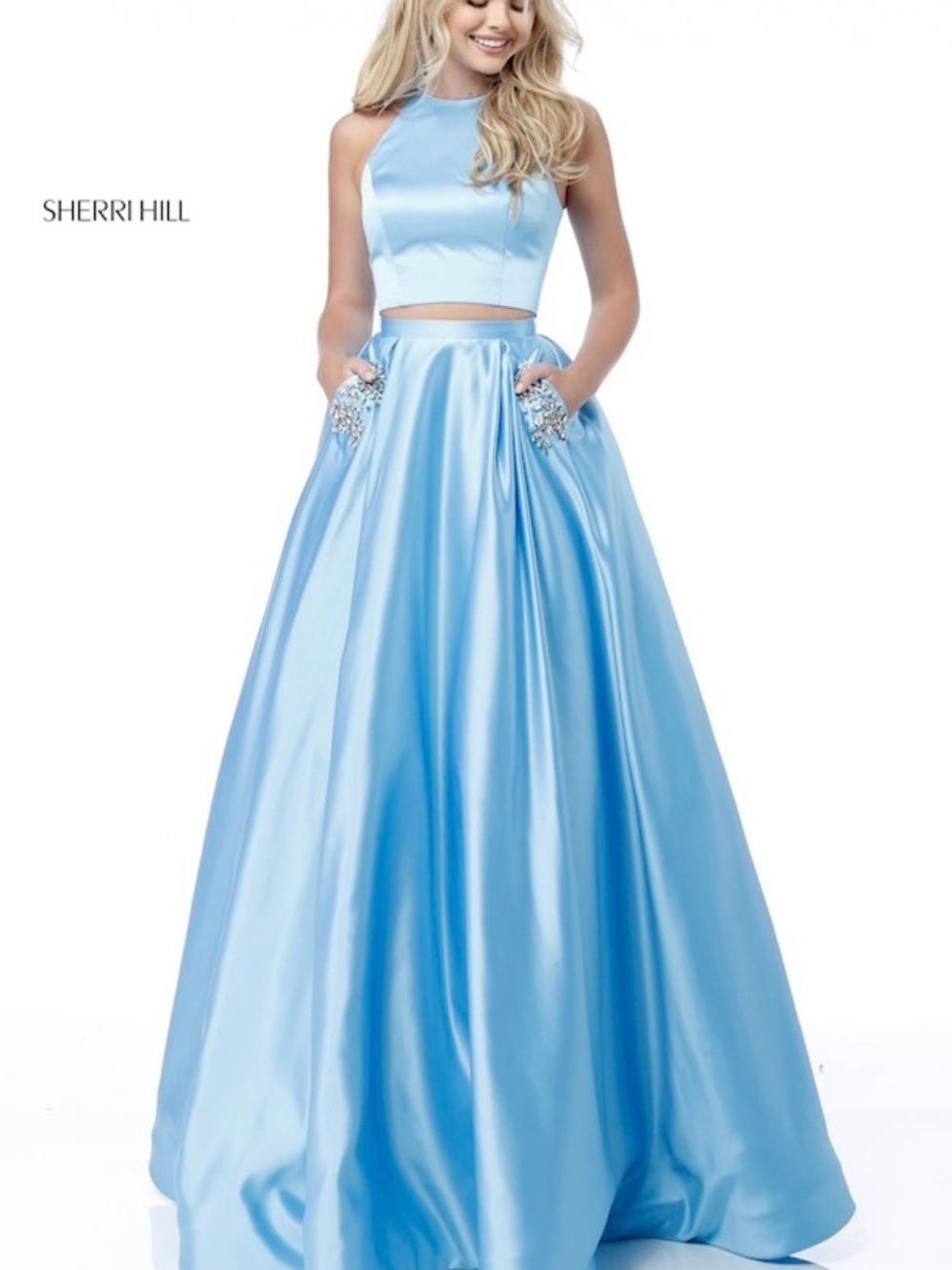 NWOT Sherri Hill Light Blue Satin Two-Piece Skirt and Top with Crystal Accents